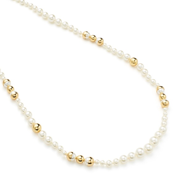 TORY BURCH • Capped Crystal Pearl Long Necklace - Picture 7 of 15